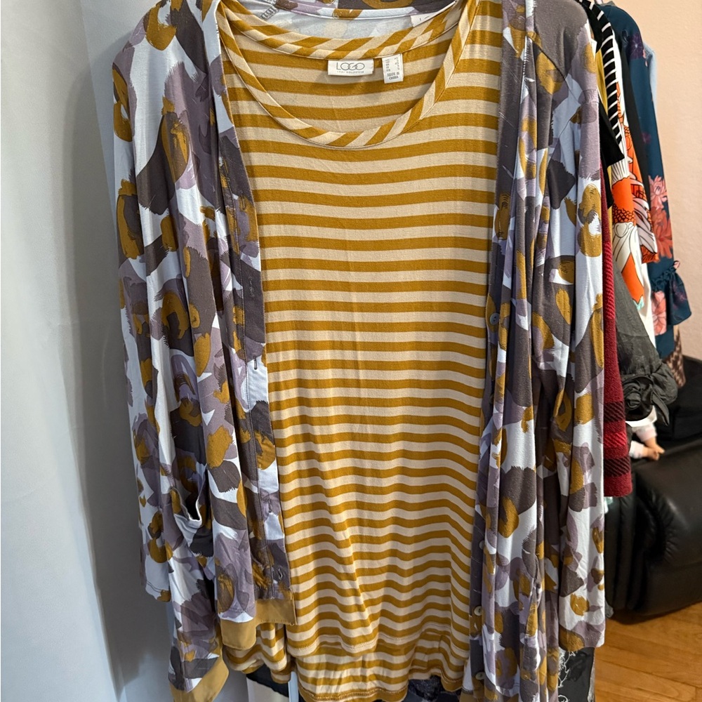 LOGOby Lori Goldstein Women's Mustard and Gray Cardigan paired with striped tank